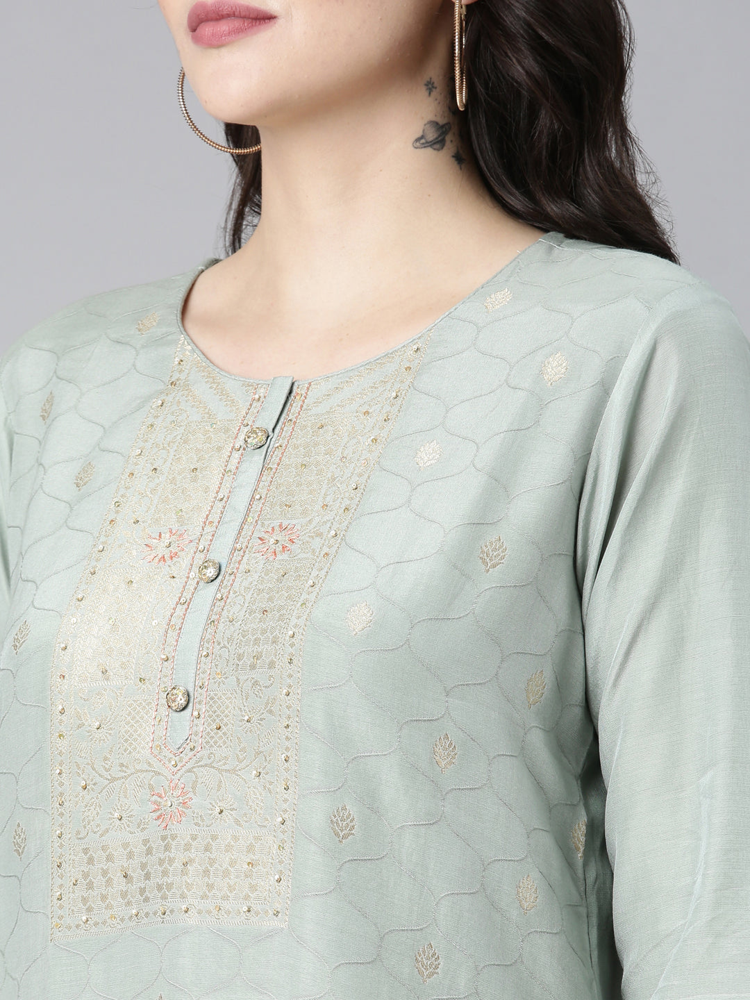 Neerus Grey printed straight kurta set with dupatta - detail view 1
