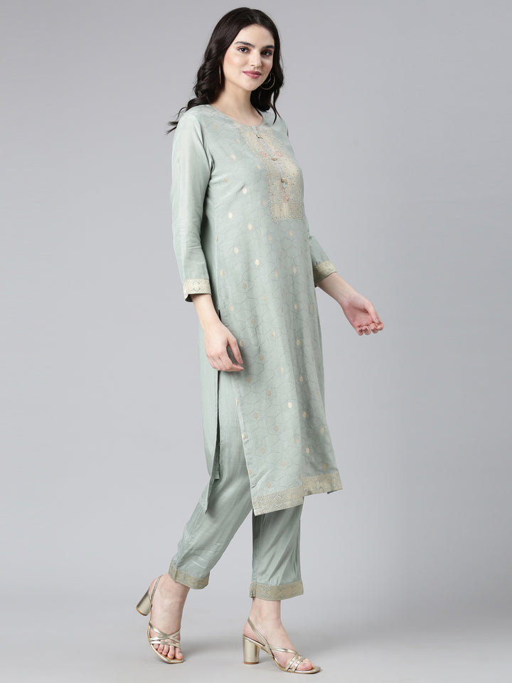 Neerus Grey printed straight kurta set with dupatta - back view