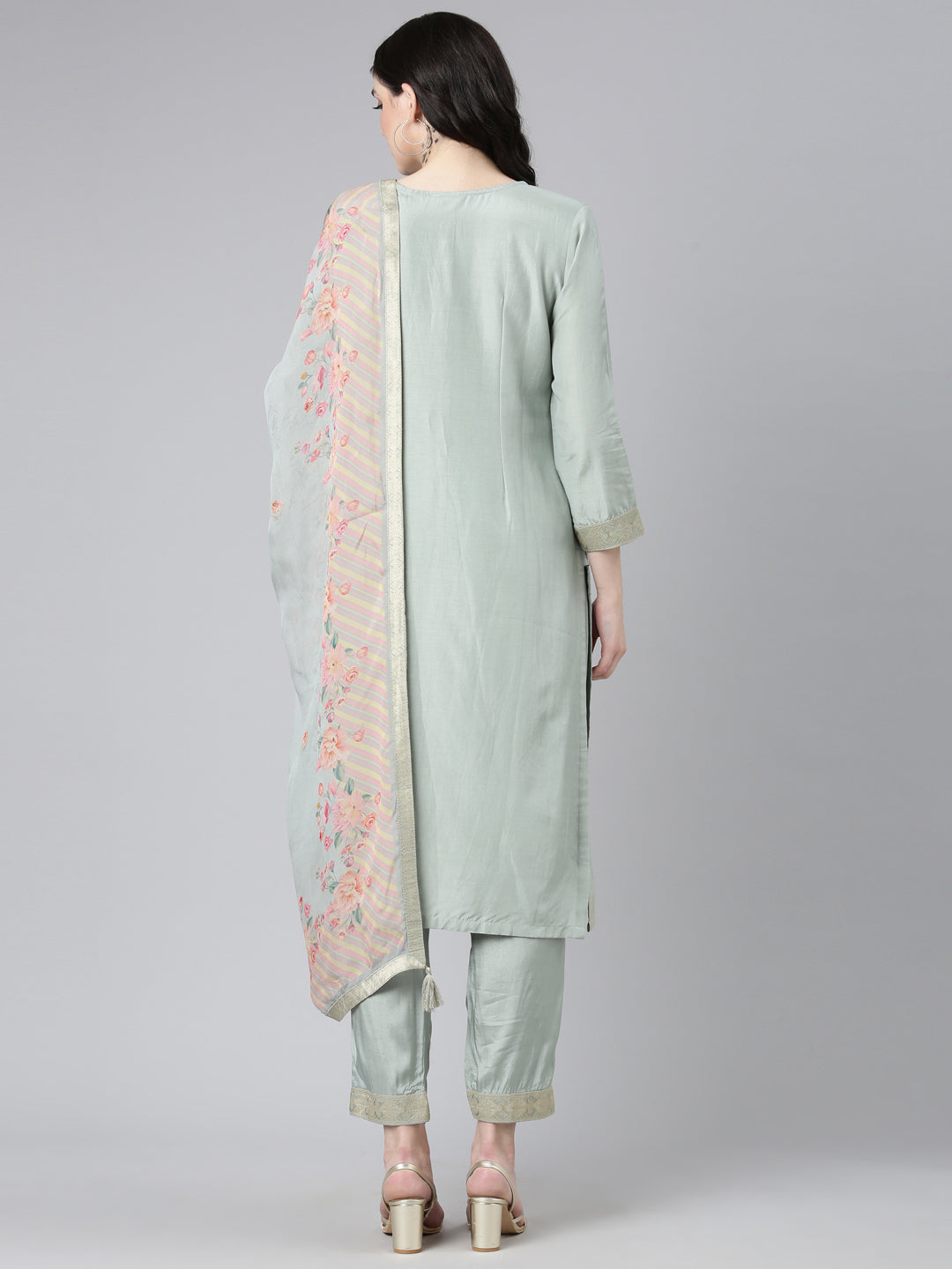 Neerus Grey printed straight kurta set with dupatta - side view