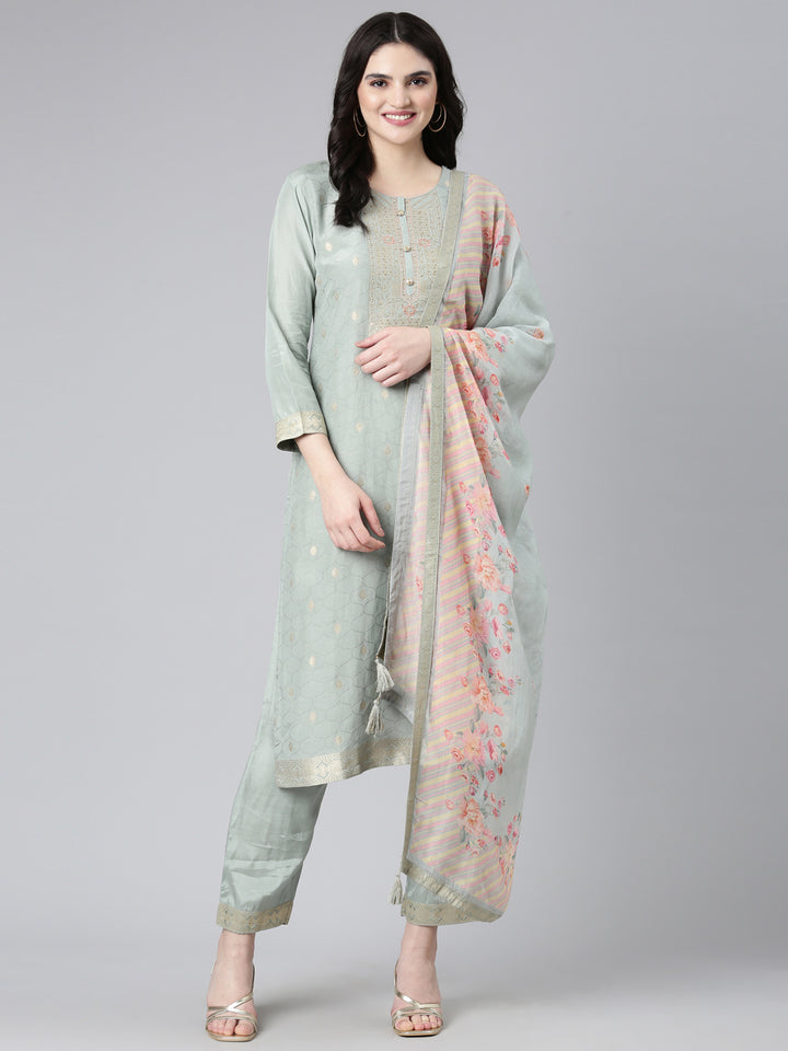 Neerus Grey printed straight kurta set with dupatta - detail view 2