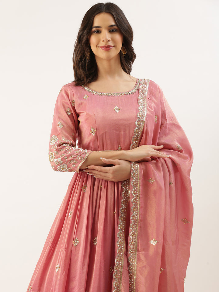 Pink Tissue Embroidered Long Kali
