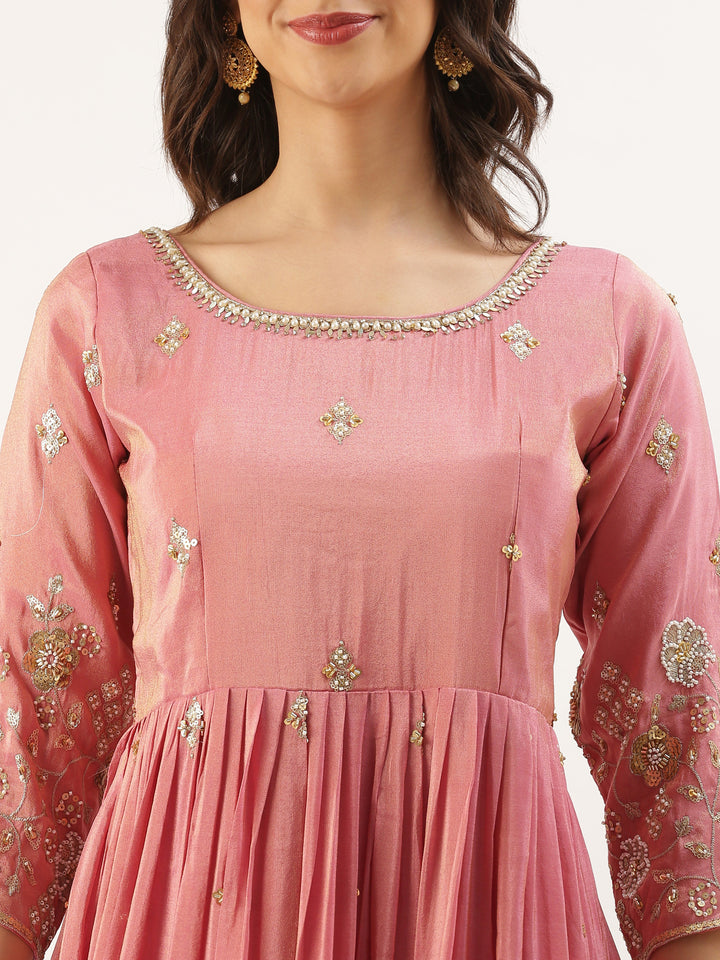 Pink Tissue Embroidered Long Kali
