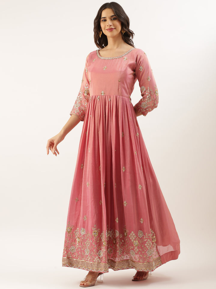 Pink Tissue Embroidered Long Kali