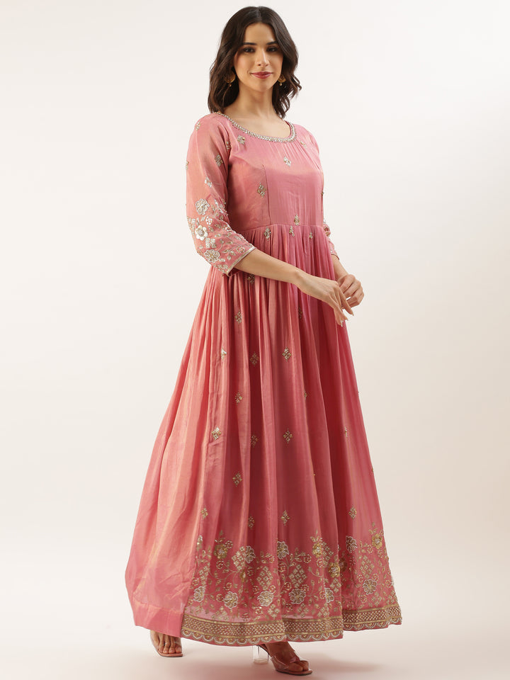 Pink Tissue Embroidered Long Kali