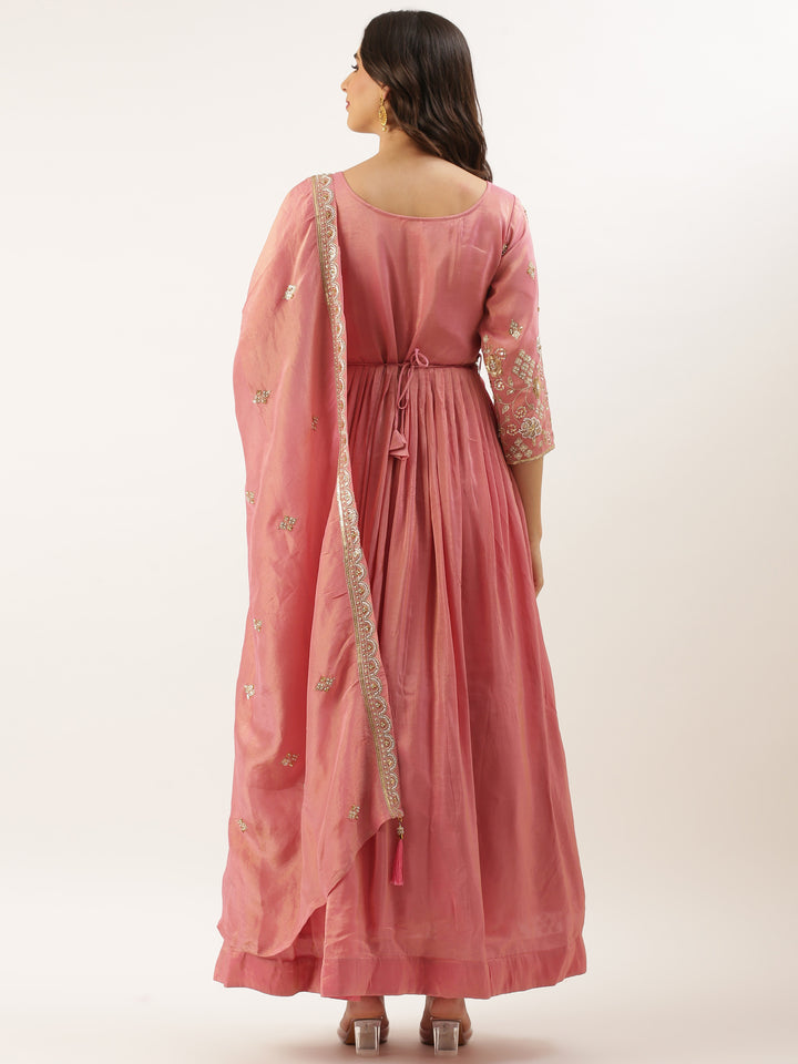 Pink Tissue Embroidered Long Kali