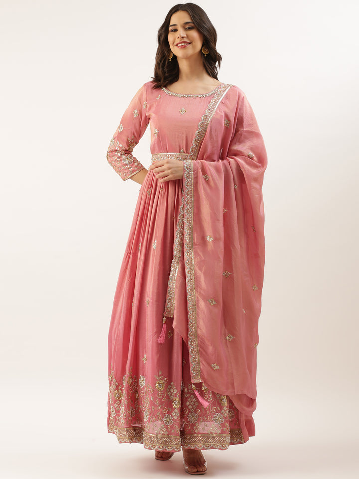 Pink Tissue Embroidered Long Kali