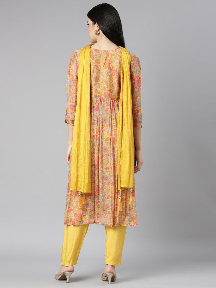 Neerus Yellow printed floral kurta set with trouser and dupatta - side view