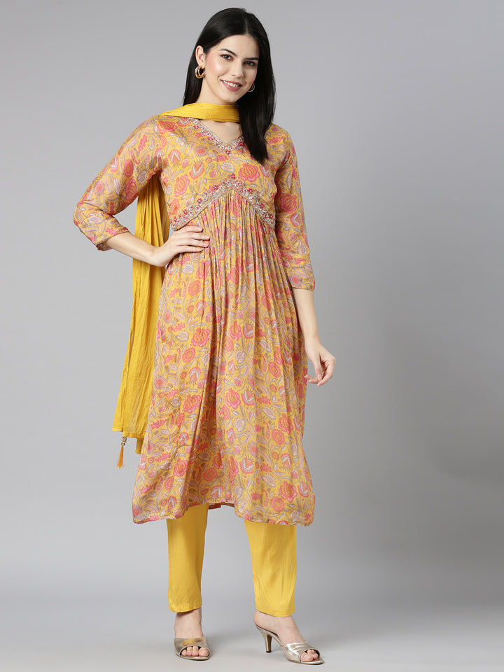 Neerus Yellow printed floral kurta set with trouser and dupatta - detail view 2