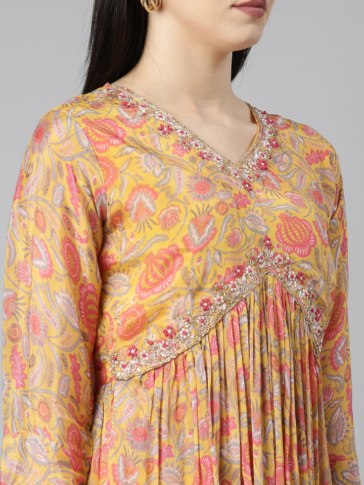 Neerus Yellow printed floral kurta set with trouser and dupatta - detail view 1