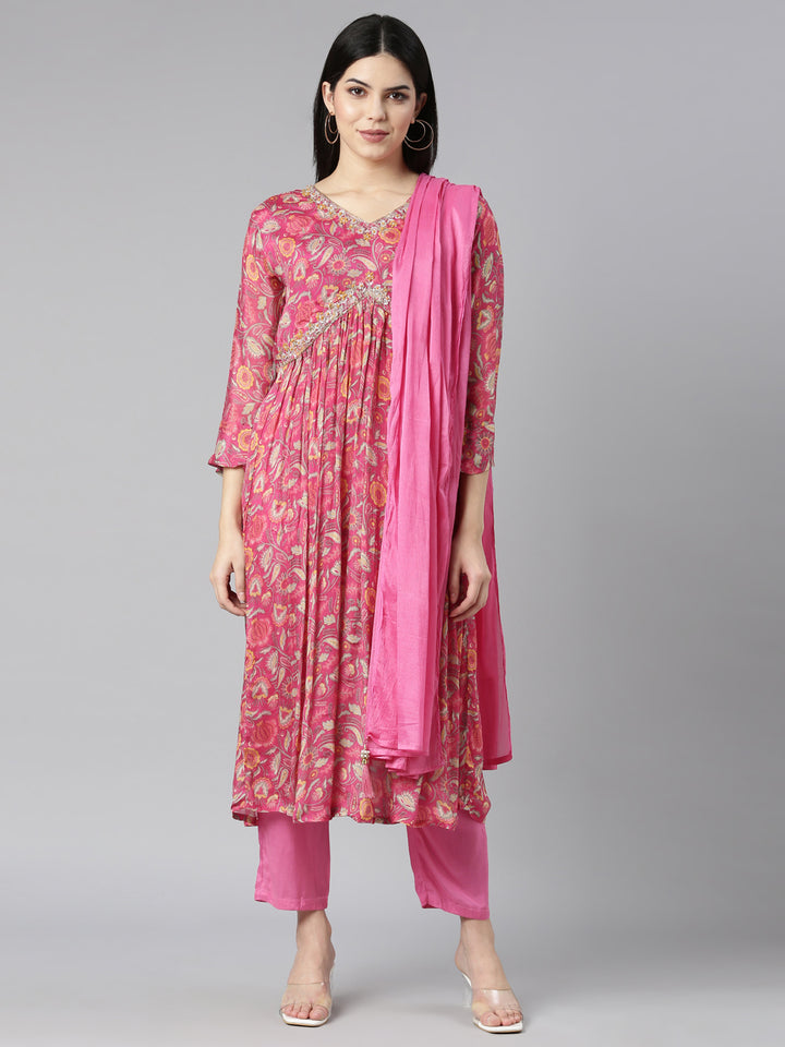 Neerus Pink printed floral kurta set with trouser and dupatta - front view