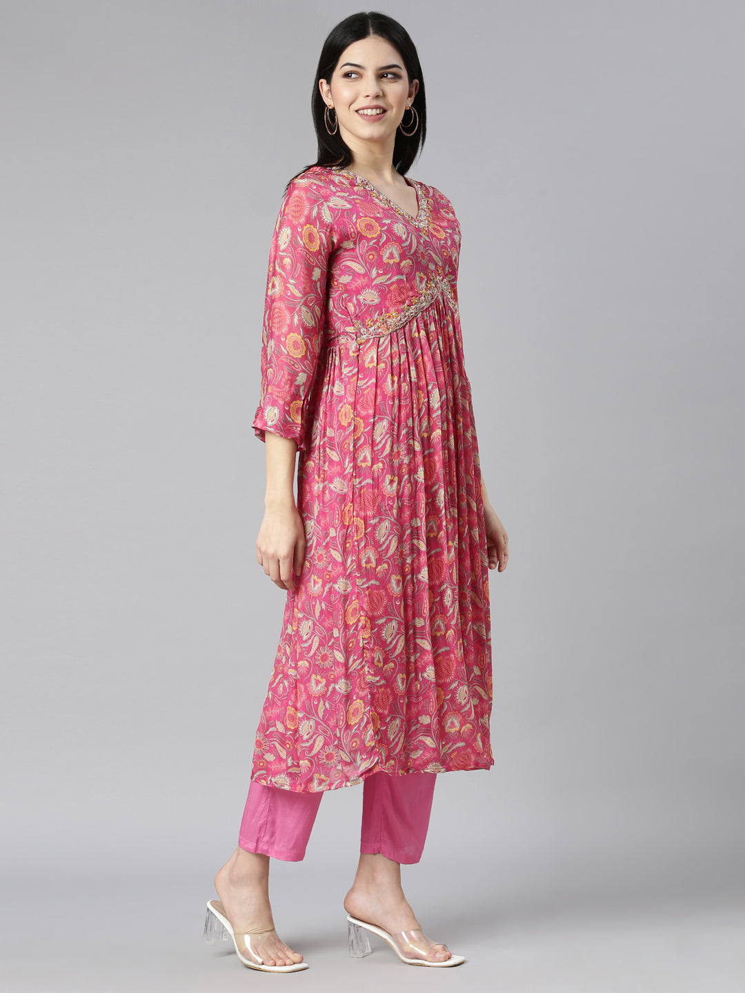 Neerus Pink printed floral kurta set with trouser and dupatta - back view