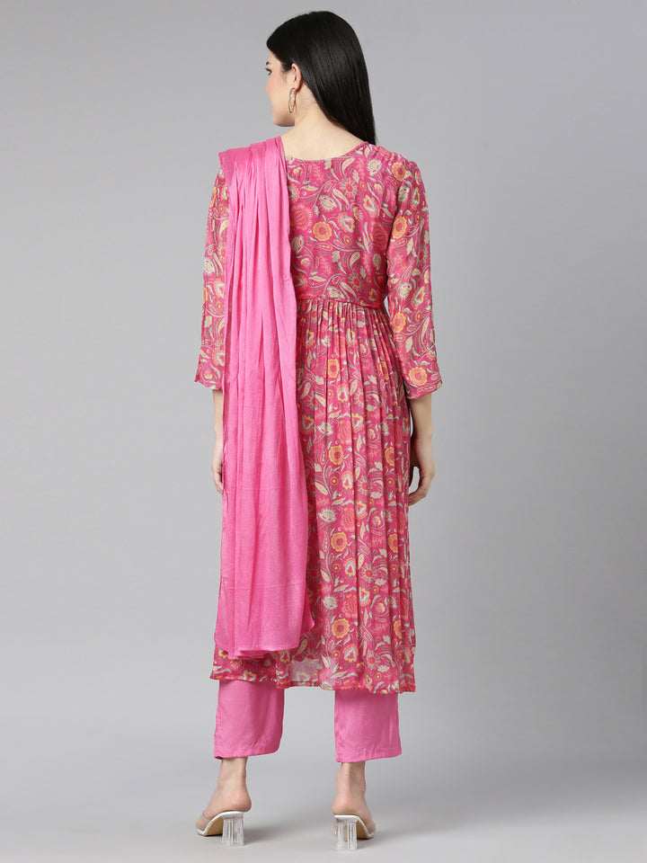 Neerus Pink printed floral kurta set with trouser and dupatta - side view