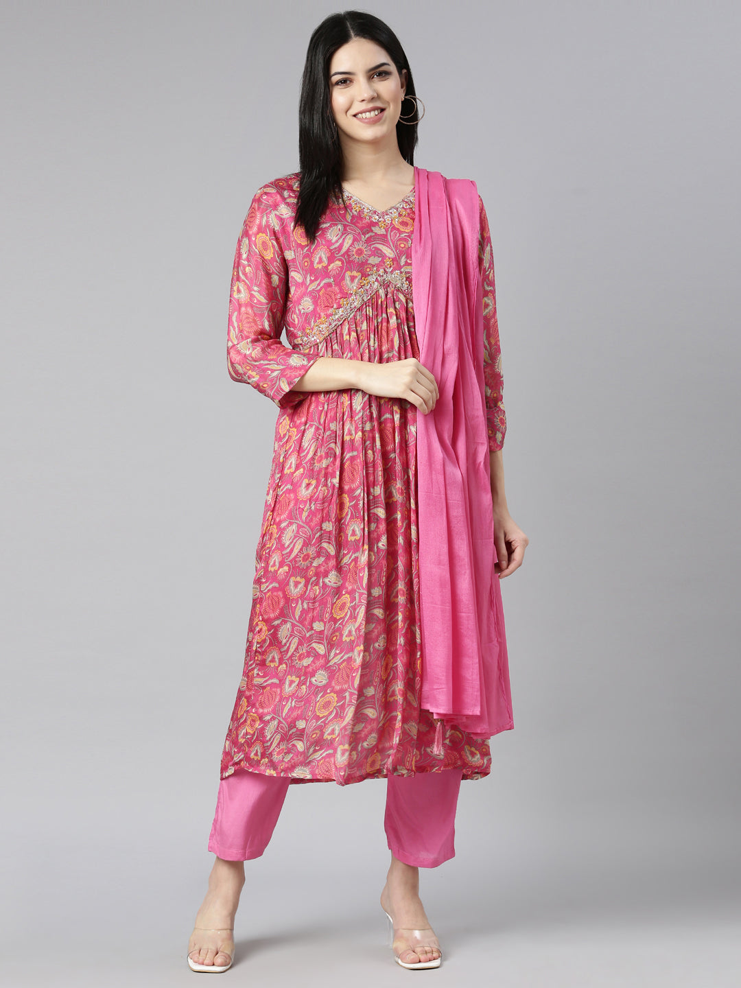 Neerus Pink printed floral kurta set with trouser and dupatta - detail view 2