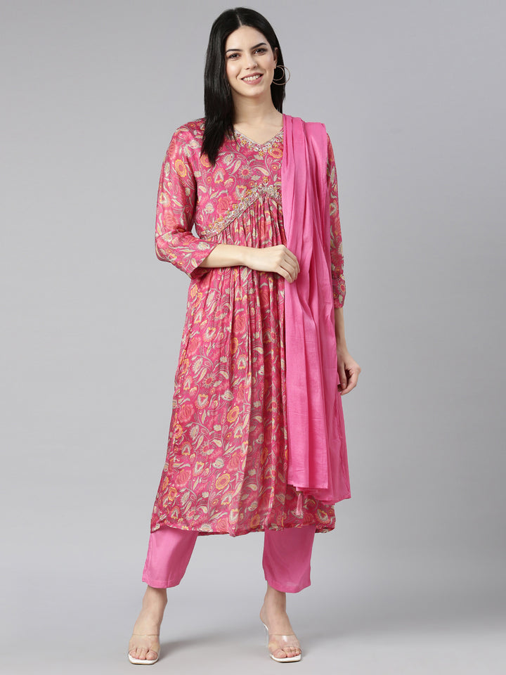 Neerus Pink printed floral kurta set with trouser and dupatta - detail view 2