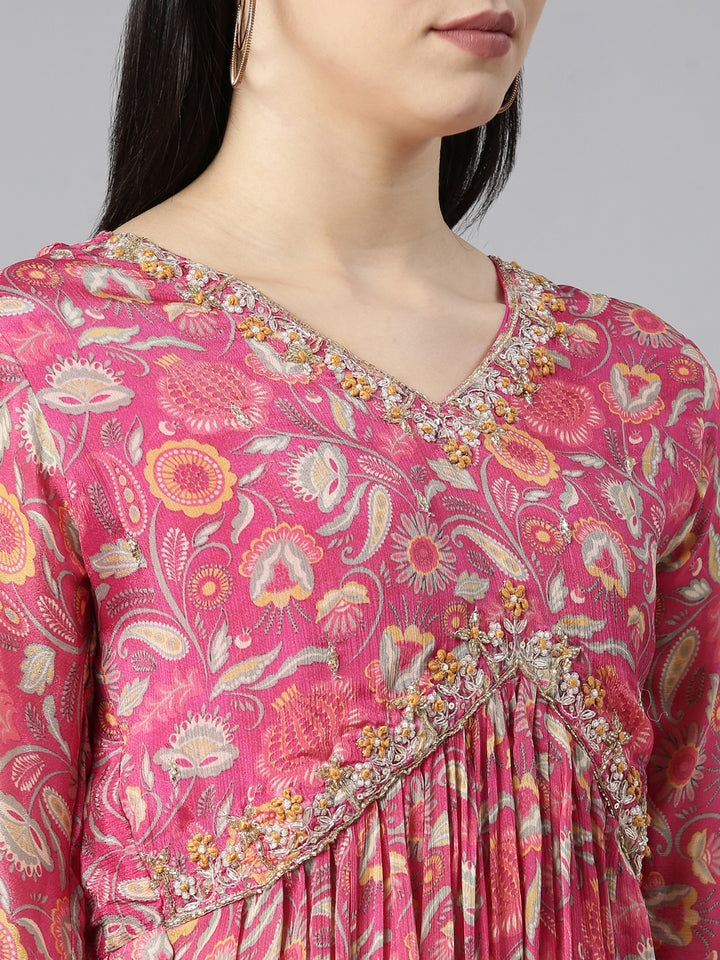 Neerus Pink printed floral kurta set with trouser and dupatta - detail view 1