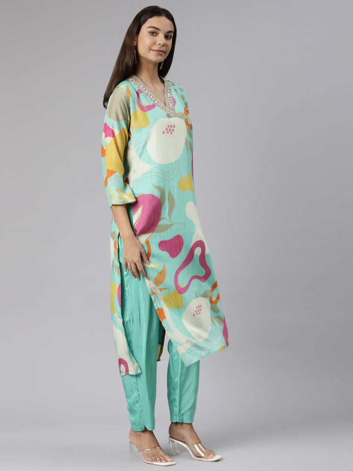 Neerus Sea Green Regular Straight Geometric Kurta And Trousers With Dupatta