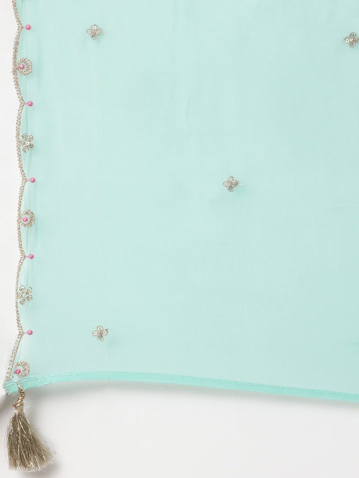 Neerus Sea Green Regular Straight Geometric Kurta And Trousers With Dupatta