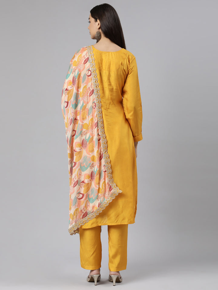 Neerus Yellow raw silk solid suit set - side view