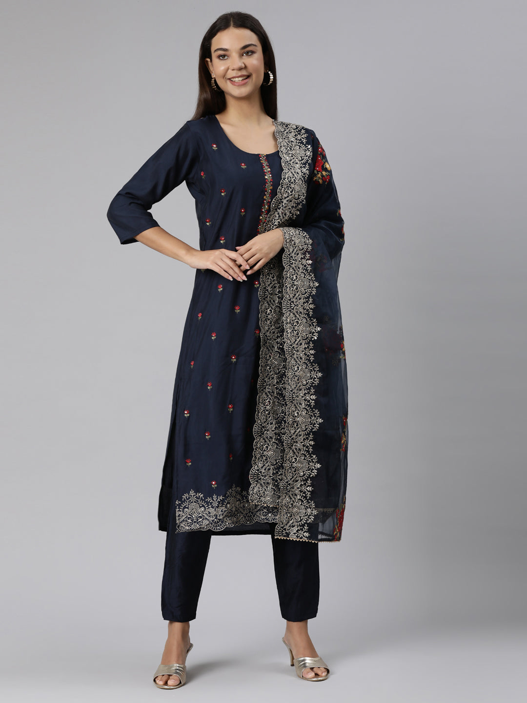 Neerus Navy Blue Regular Straight Floral Readymade suits