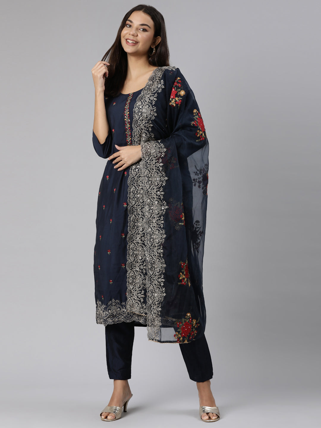 Neerus Navy Blue Regular Straight Floral Readymade suits