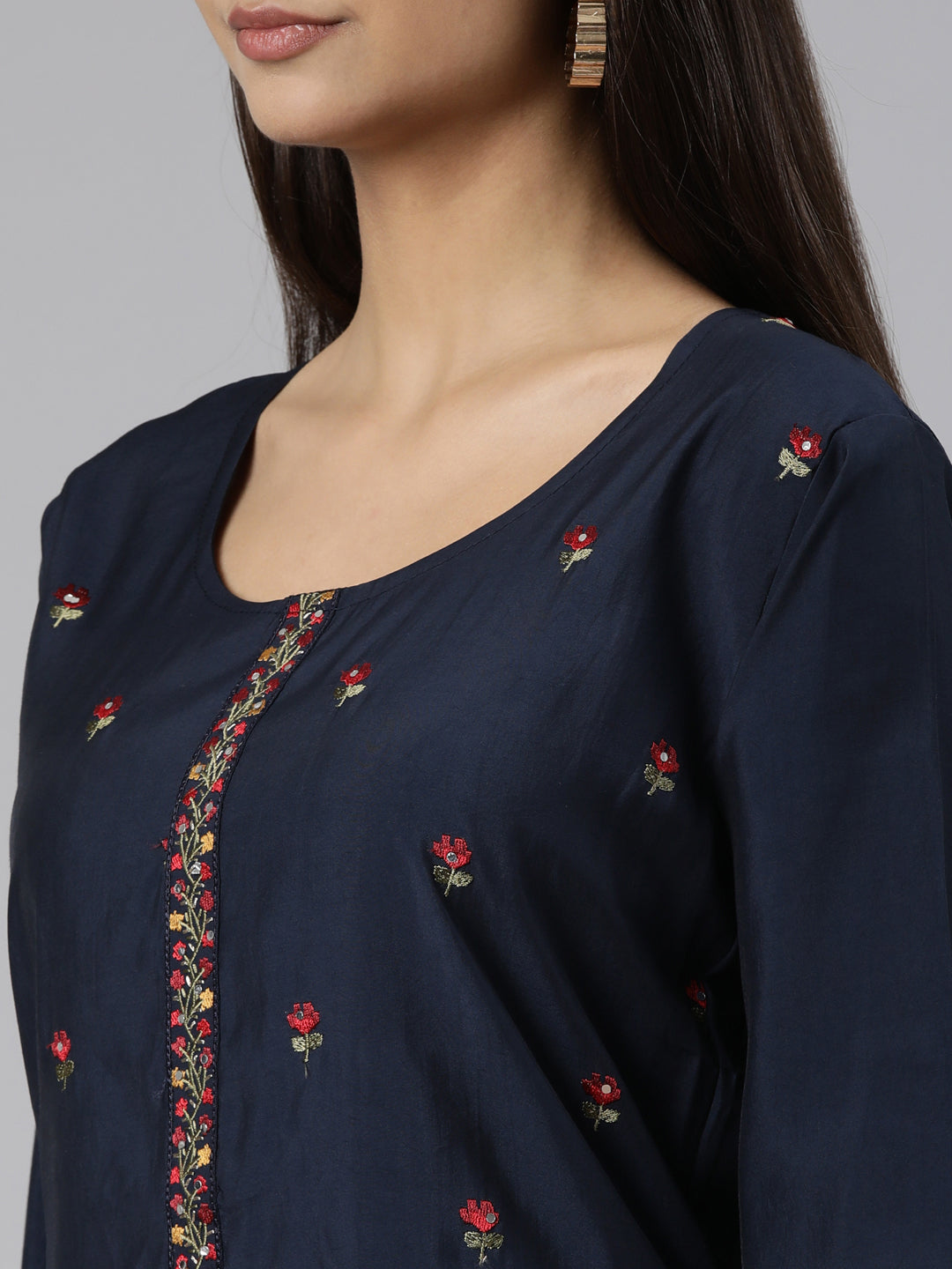 Neerus Navy Blue Regular Straight Floral Readymade suits