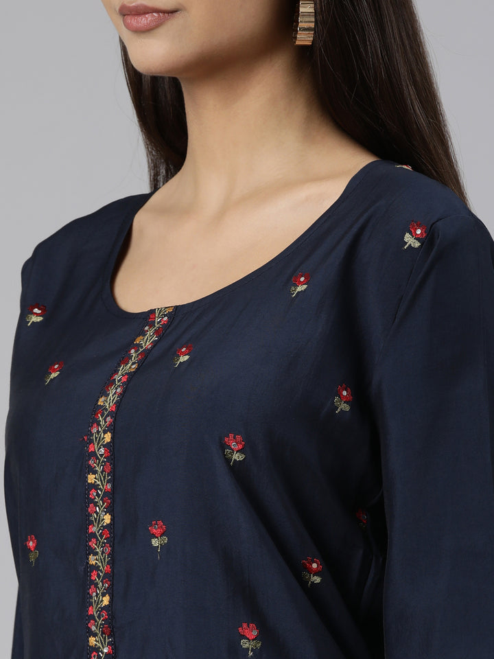Neerus Navy Blue Regular Straight Floral Readymade suits