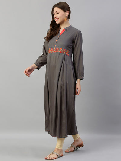 Neerus Women Grey Solid A-Line Kurta with Embroidery