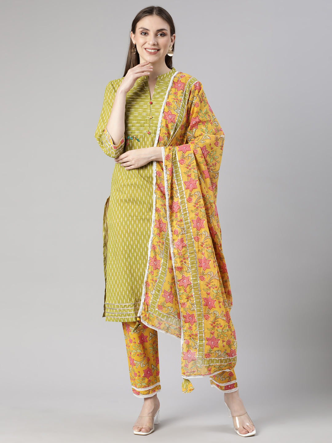 Neerus Green Regular Straight Chevron Kurta And  Trousers With Dupatta