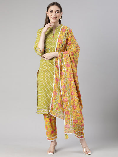 Neerus Green Regular Straight Chevron Kurta And  Trousers With Dupatta