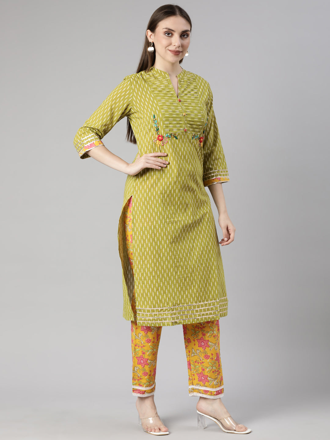 Neerus Green printed chevron suit set - back view