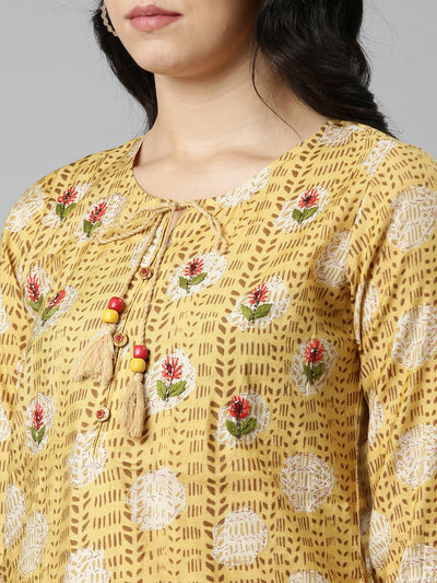 Neeru's Mustard Regular Straight Printed Kurta And Trousers With Dupatta