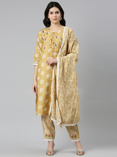 Neeru's Mustard Regular Straight Printed Kurta And Trousers With Dupatta