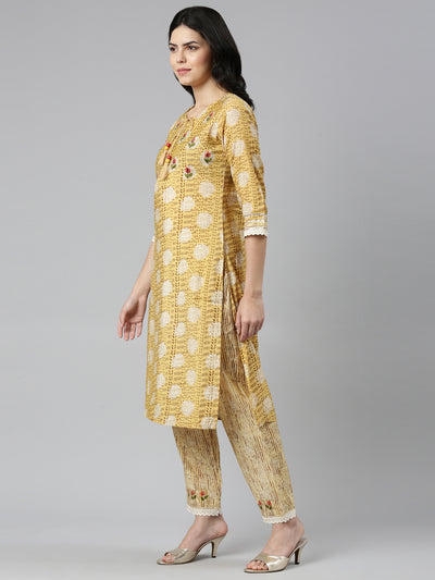 Neeru's Mustard Regular Straight Printed Readymade suits