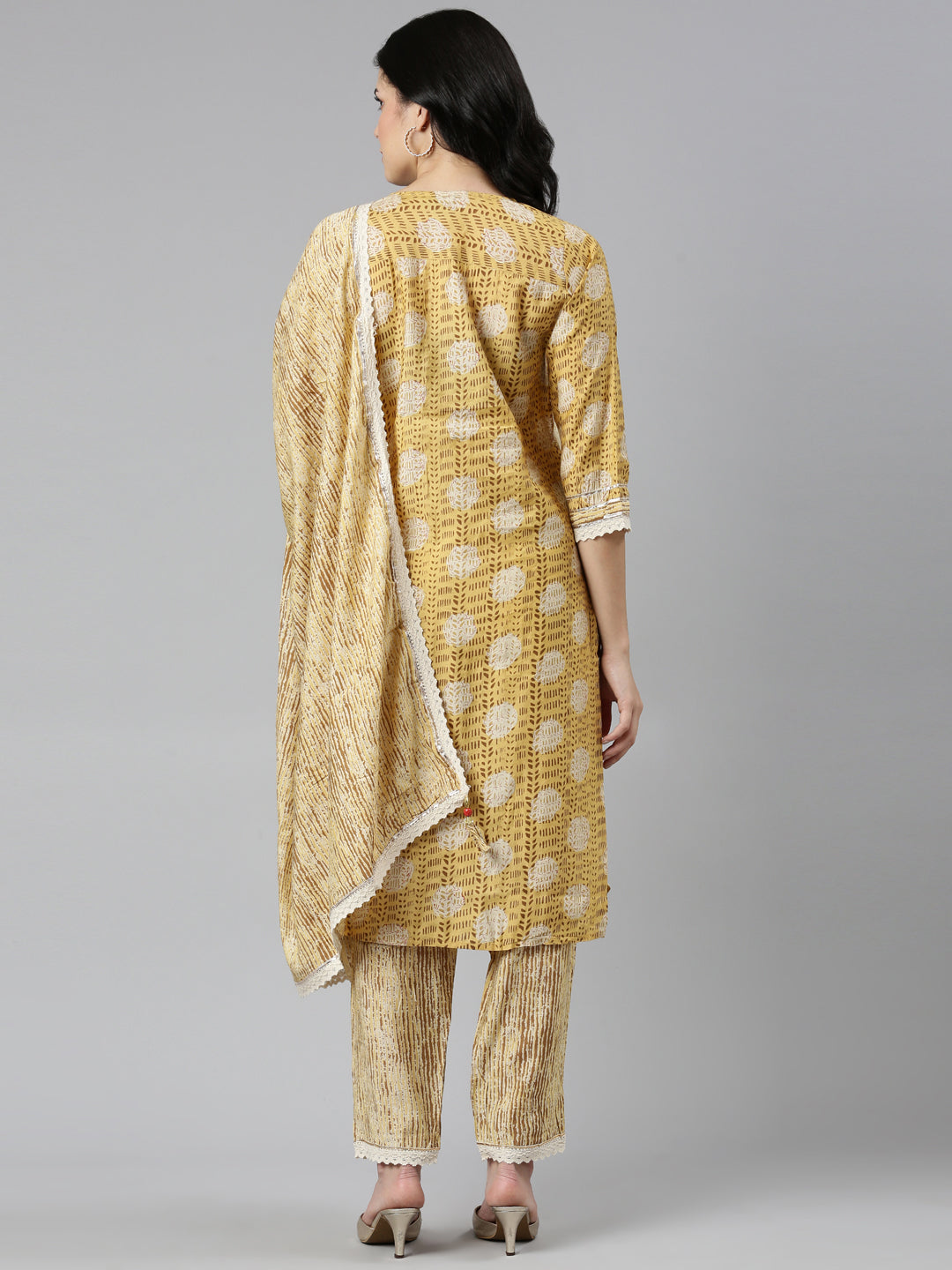 Neeru's Mustard Regular Straight Printed Kurta And Trousers With Dupatta