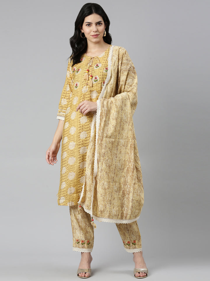 Neerus Mustard Regular Straight Printed Readymade suits