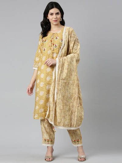 Neeru's Mustard Regular Straight Printed Kurta And Trousers With Dupatta