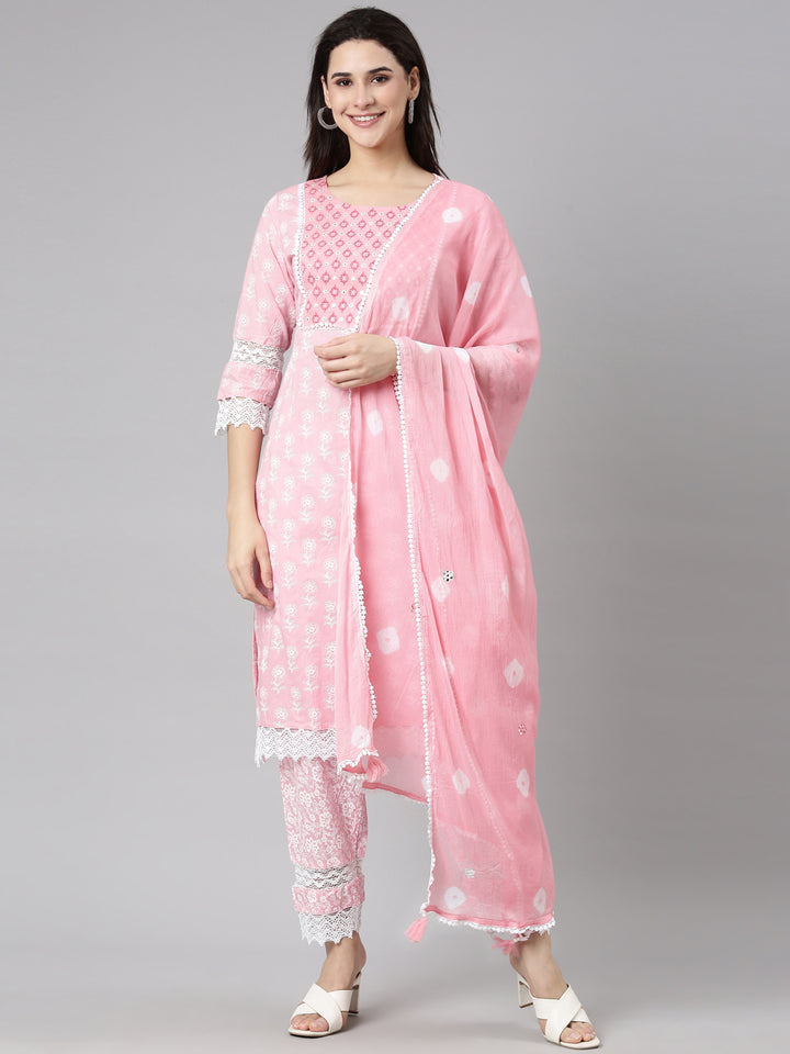 Neerus Pink Regular Straight Floral Kurta And  Trousers With Dupatta