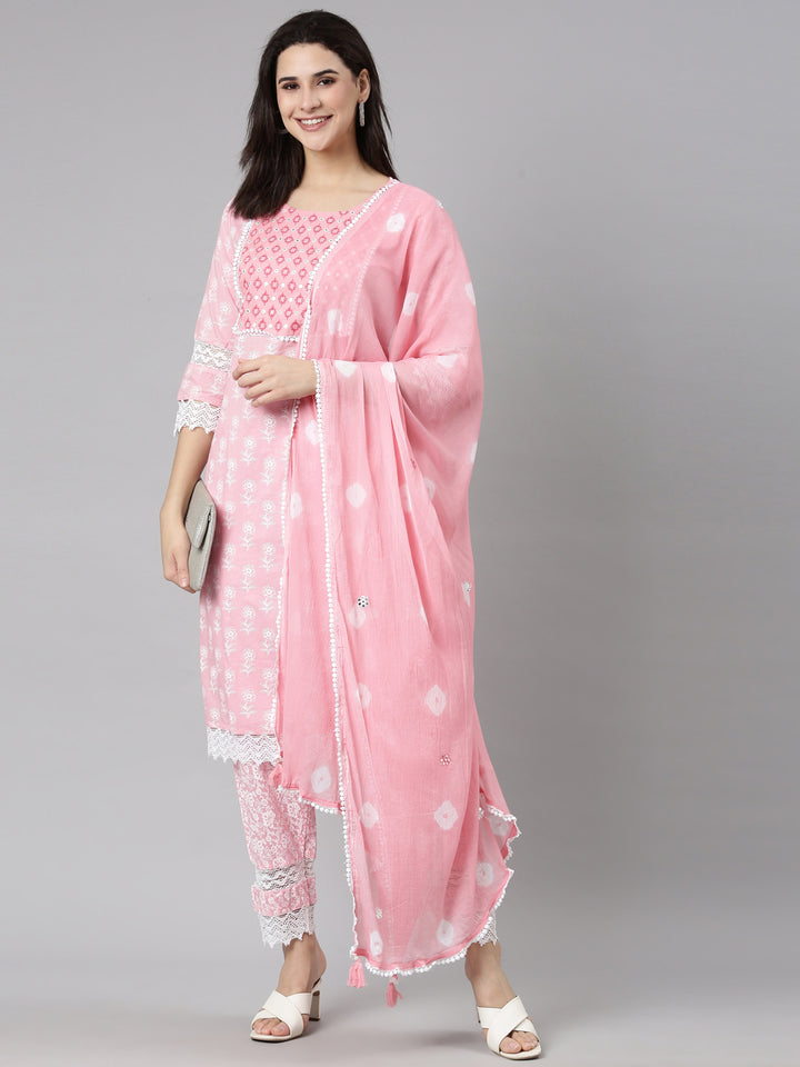 Neerus Pink Regular Straight Floral Kurta And  Trousers With Dupatta