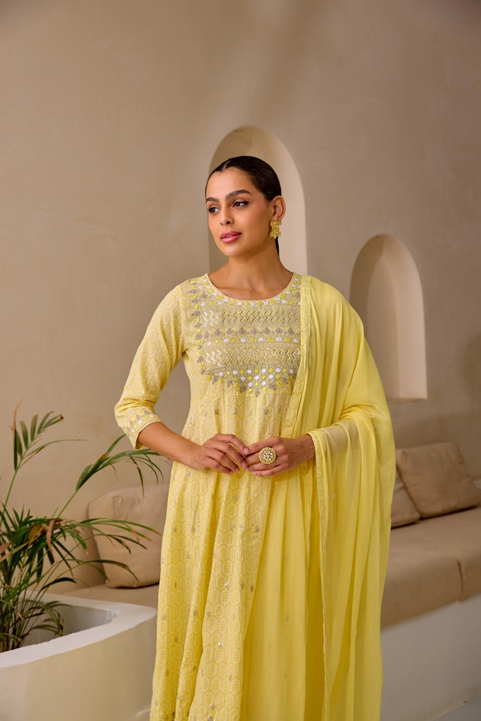 Neerus Yellow Curved Sequence Work Kurta And Trousers With Dupatta