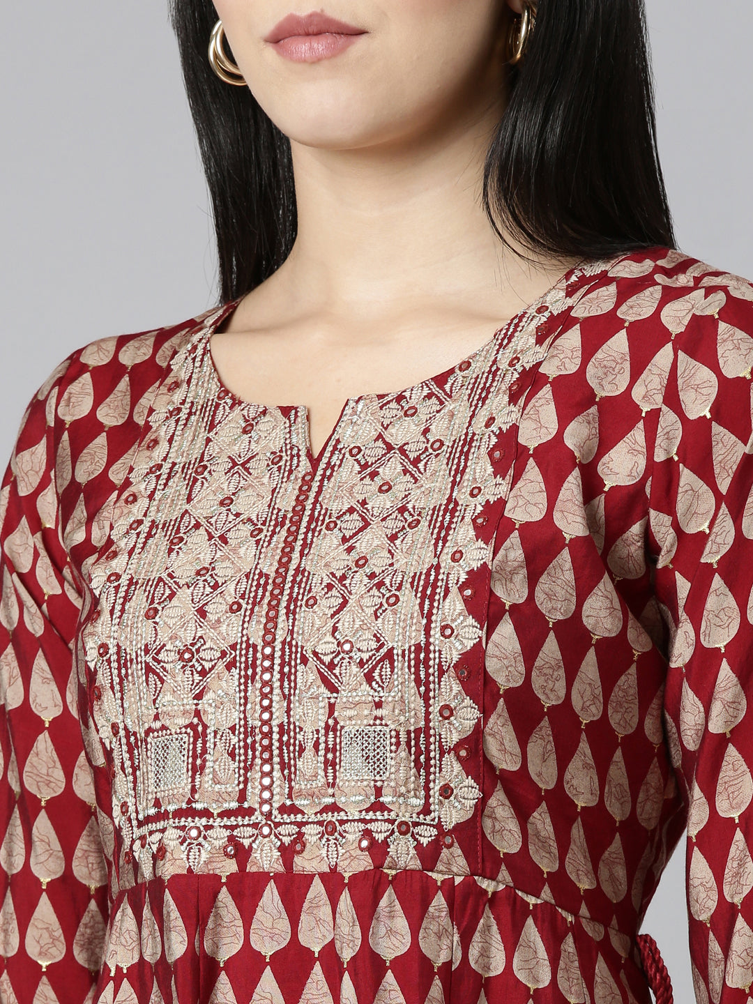 Neerus Maroon printed straight kurta set - detail view 1