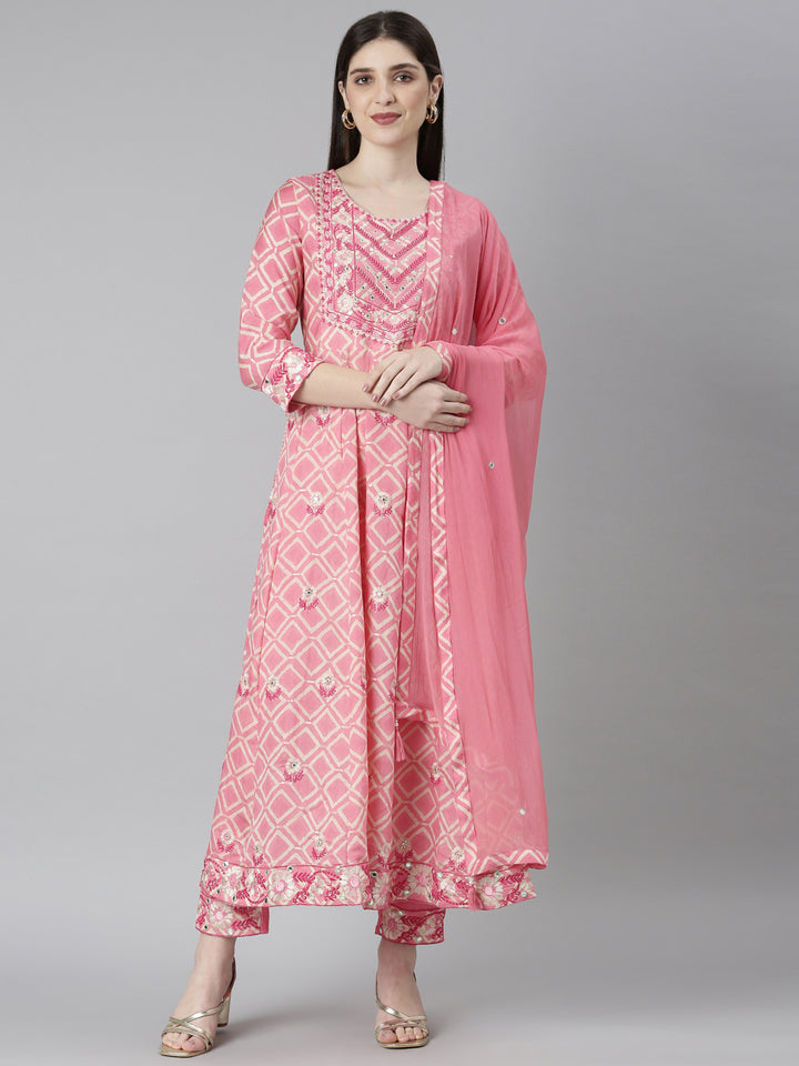 Neerus Pink Regular Straight Abstract Kurta And Trousers With Dupatta