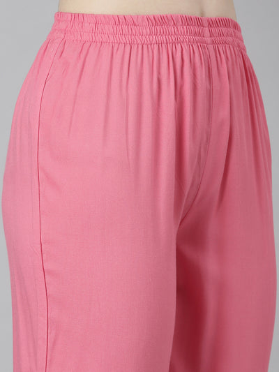 Neeru's Pink Regular Straight Abstract Kurta And Trousers With Dupatta