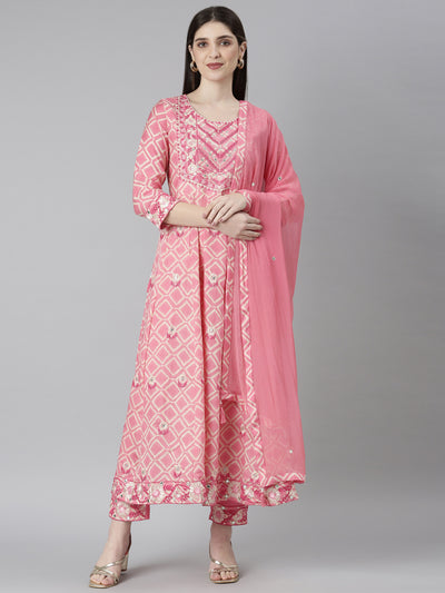 Neeru's Pink Regular Straight Abstract Kurta And Trousers With Dupatta
