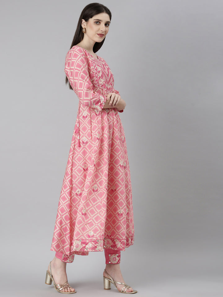 Neerus Pink Regular Straight Abstract Kurta And Trousers With Dupatta