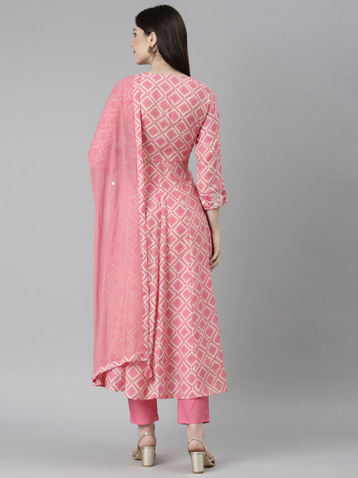 Neerus Pink Regular Straight Abstract Kurta And Trousers With Dupatta