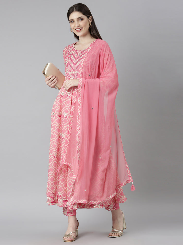 Neerus Pink Regular Straight Abstract Kurta And Trousers With Dupatta