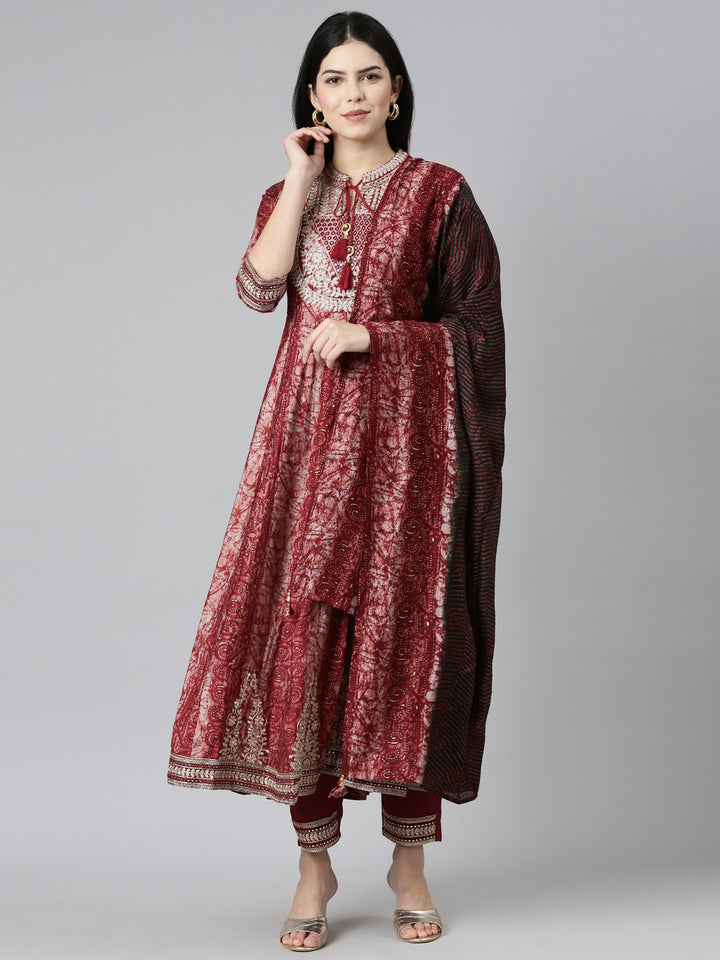 Neerus Maroon printed straight kurta set - front view