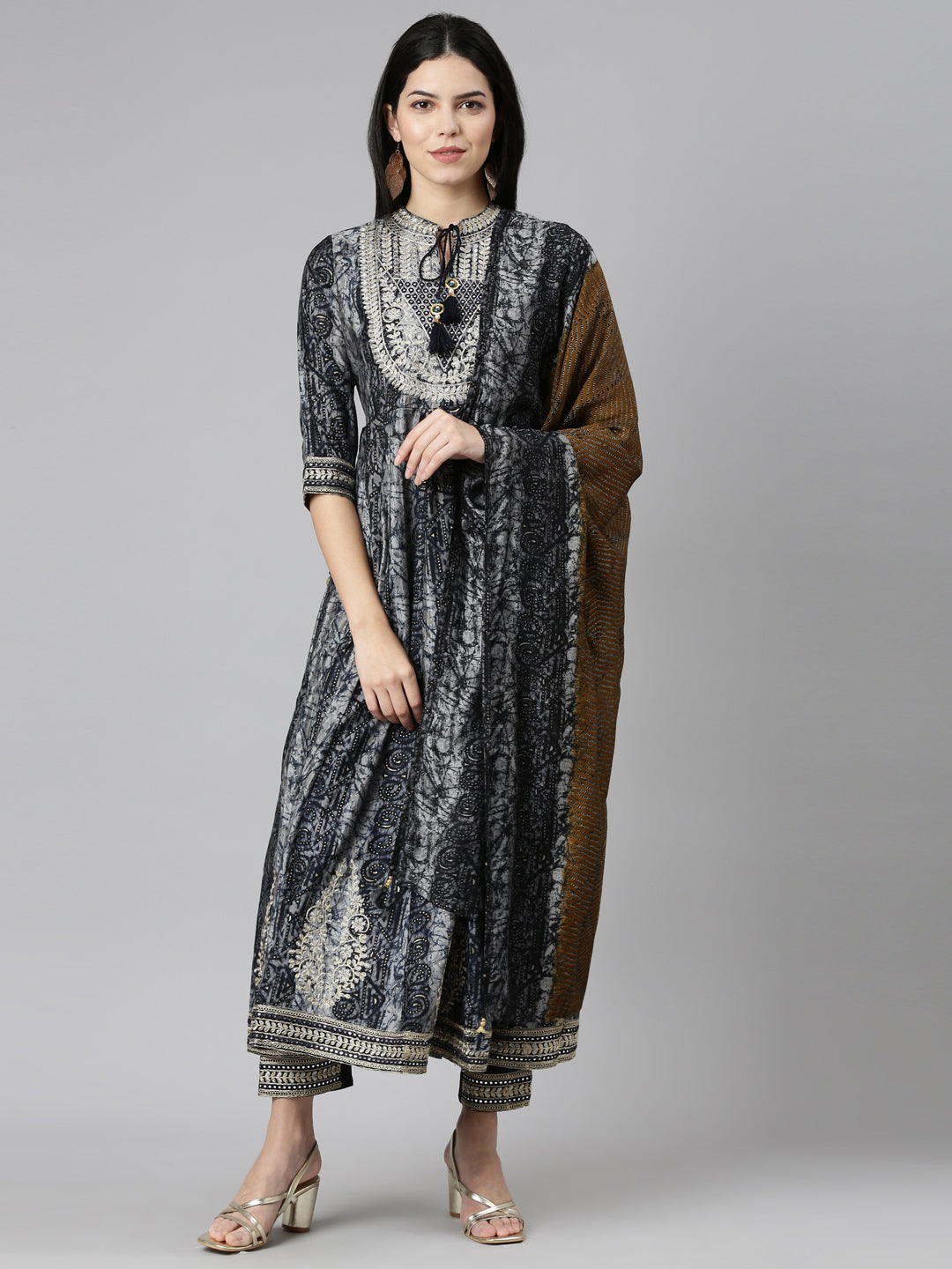 Neerus Blue printed straight kurta set with trouser and dupatta - front view