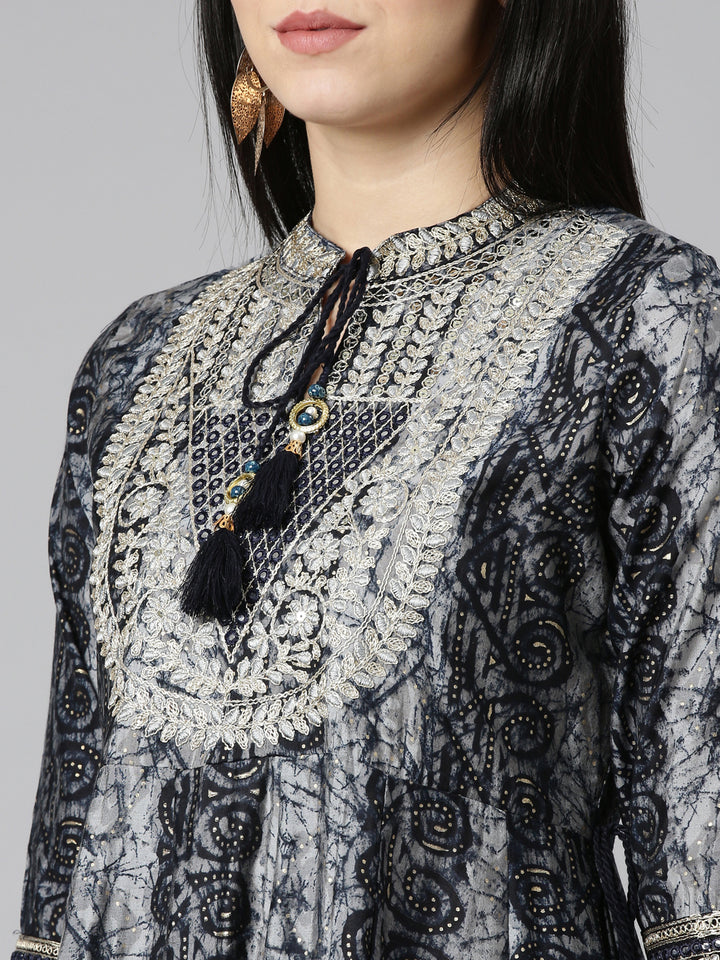 Neerus Blue printed straight kurta set with trouser and dupatta - detail view 1