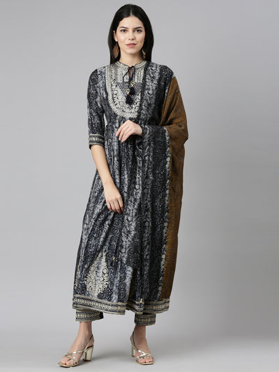 Neerus Navy Blue Regular Straight Printed Kurta And Trousers With Dupatta